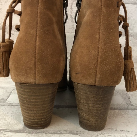 Franco Fortini Ramona Brown Leather Ankle Peep Toe Booties w/Lacing & Tassels - Picture 5 of 9